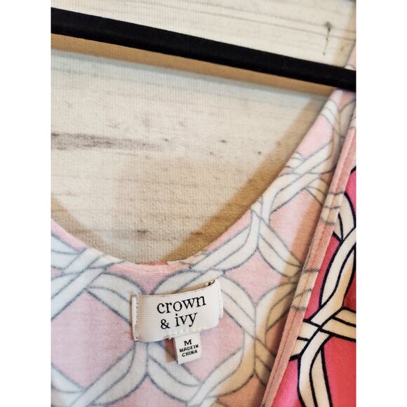 Crown & Ivy Women's Pink White Rope Print Ruffle Sleeveless Tank Top Size Medium - Picture 3 of 6